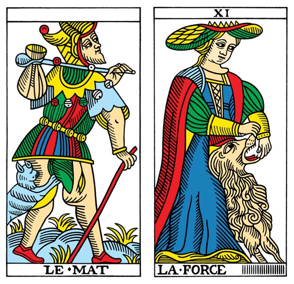 Tarot-Karten: Der Narr und Die Kraft